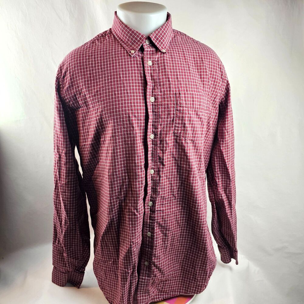 Eddie Bauer Shirt Men Large Tall Red Button Down Plaid Casual Outdoors Cabincore